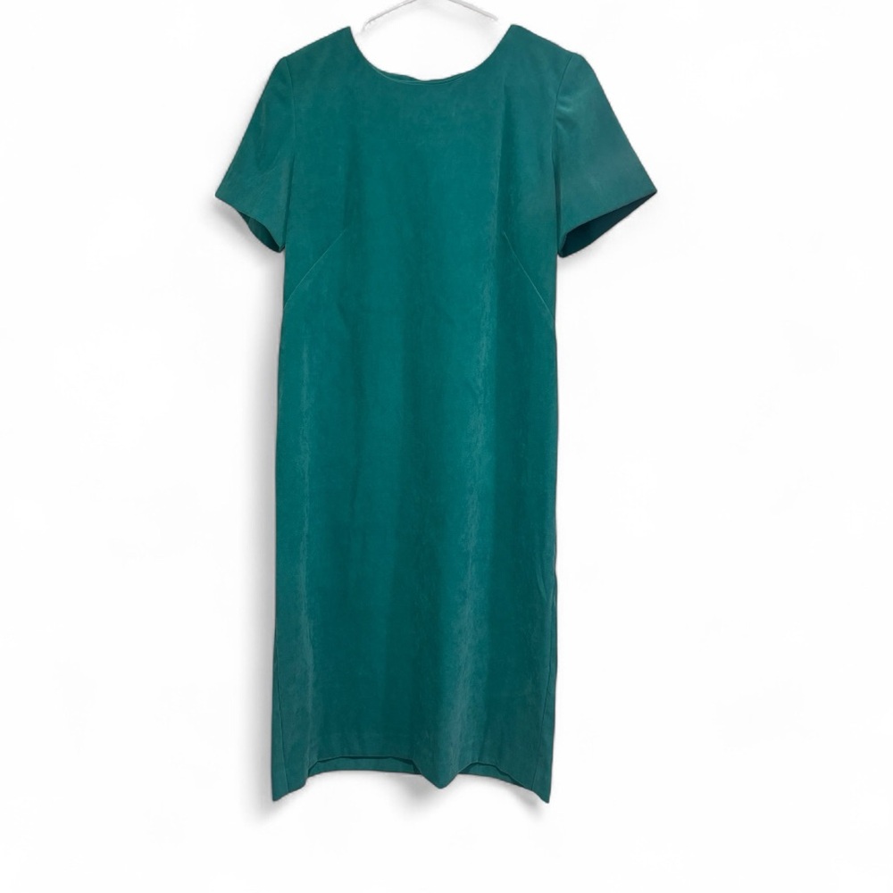 Leslie Fay Vintage Minimalist Solid Green Dress – Short Sleeve, High Back